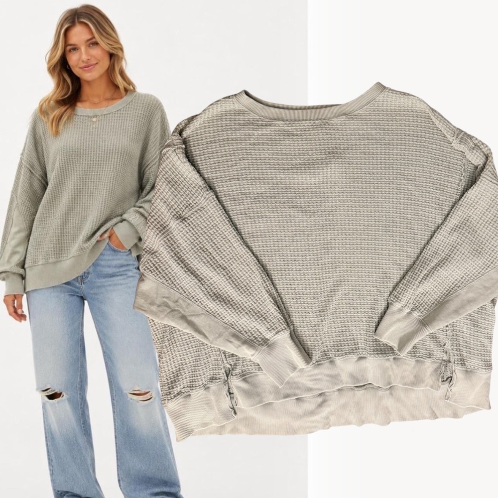 American Eagle Waffle Knit Thermal Sweatshirt Sage Green XXL
